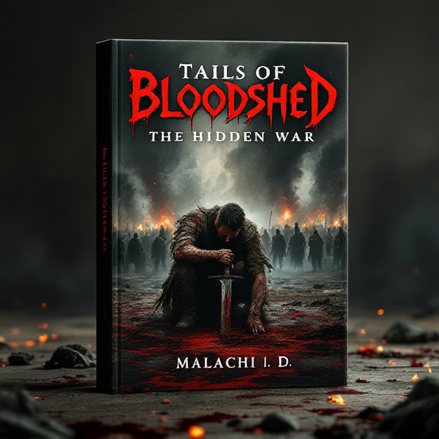 A dark, smoky battlefield stretches across the background, with silhouettes of soldiers locked in combat. In the foreground, a rugged, bloodied man with hollow eyes kneels on the ground, gripping a broken sword, surrounded by a pool of blood. Faint embers drift through the air, blending with the smoke. The scene is saturated in shades of deep red, muddy brown, and ash-gray smoke.