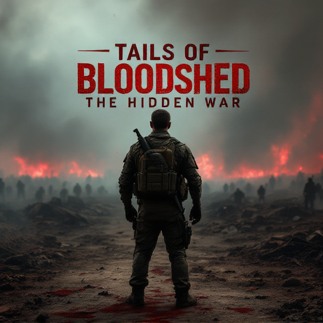 A man is standing in the foreground with his back to the viewer, dressed in modern wartime combat gear. His weapon hangs loosely at his side as he surveys a smoky, desolate battlefield strewn with debris, blood-stained dirt, and the silhouettes of soldiers fighting in the distance. The horizon is shrouded in gun smoke, blending ominously into a menacing red-hued twilight sky. A faint trail of blood cuts across the dirt foreground, leading toward the soldier.