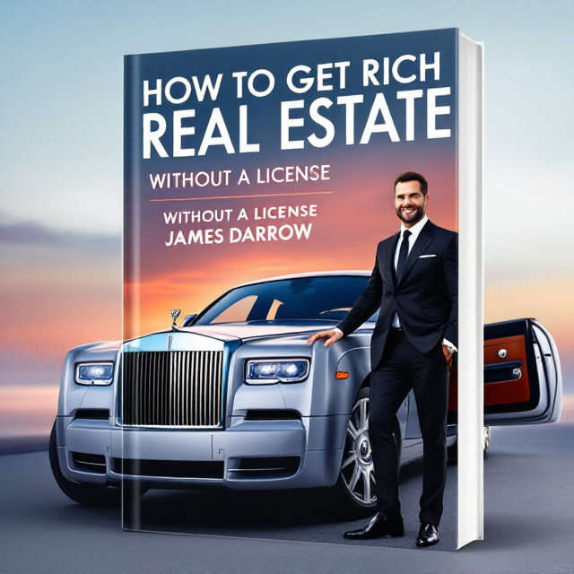 A luxurious Rolls Royce Phantom is parked with the passenger-side rear door open, against a clean, gradient soft-blue-to-red sky background. The gentleman in a sharp black suit and tie is confidently standing by the driver’s side of the car with one foot resting on the front bumper. His expression is triumphant, with subtle smiles reflecting success. The car exudes elegance in polished silver, reflecting details of the surroundings. The title “HOW TO GET RICH IN REAL ESTATE” is displayed prominently in large, stylish white font with a slight 3D effect at the top of the cover.