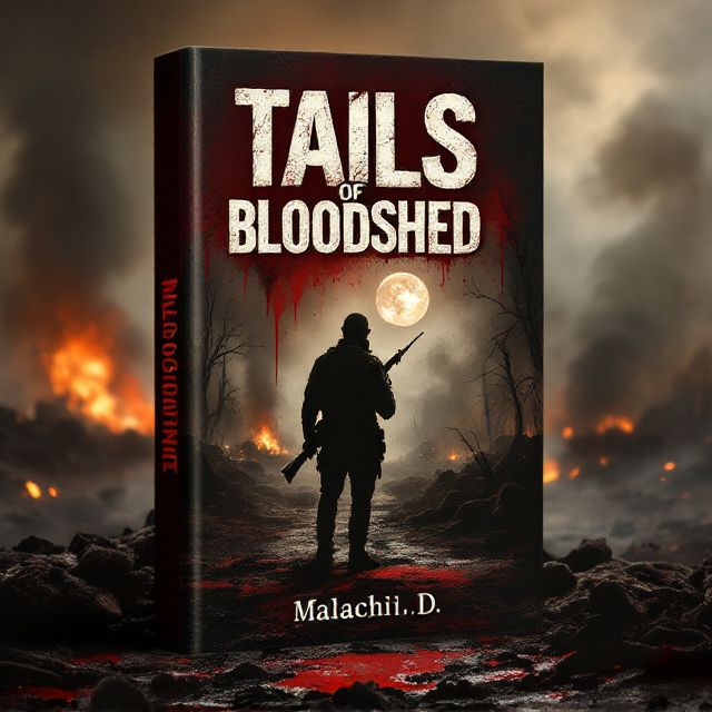 A haunting scene of a war-torn battlefield dominates the cover. A shadowy silhouette of a man with a rifle stands in the foreground, his posture tense as smoke and fire rage in the background. Pools of blood stain the dirt under faint moonlight cutting through the haze. The overall imagery is gritty, with muted browns and reds clashing with bursts of fiery orange and gray gun smoke.