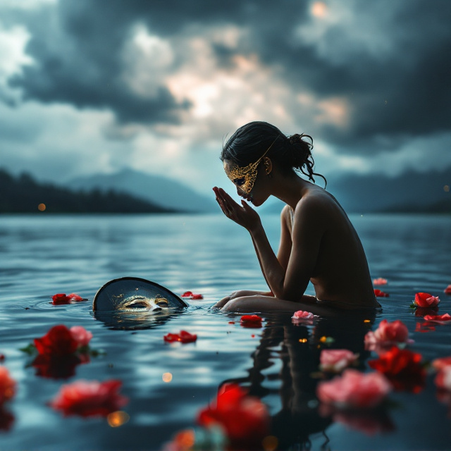 A woman is depicted kneeling in shallow floodwater, her back slightly hunched in the act of prayer. Her figure is illuminated by a subtle light breaking through stormy clouds above, suggesting both despair and hope. At her knees, there’s a broken mirror floating in the water, reflecting a surreal image of her face covered by an intricately designed, beautiful mask. The mask features delicate gold patterns, symbolizing beauty hiding pain. Red and pink roses are scattered around her on the water’s surface, adding an emotional contrast of vibrancy against the somber blue tones of the flood and stormy sky. The entire image is tinted with a soft gradient of blues, grays, and subtle golden glows, harmonizing the design’s emotional depth.