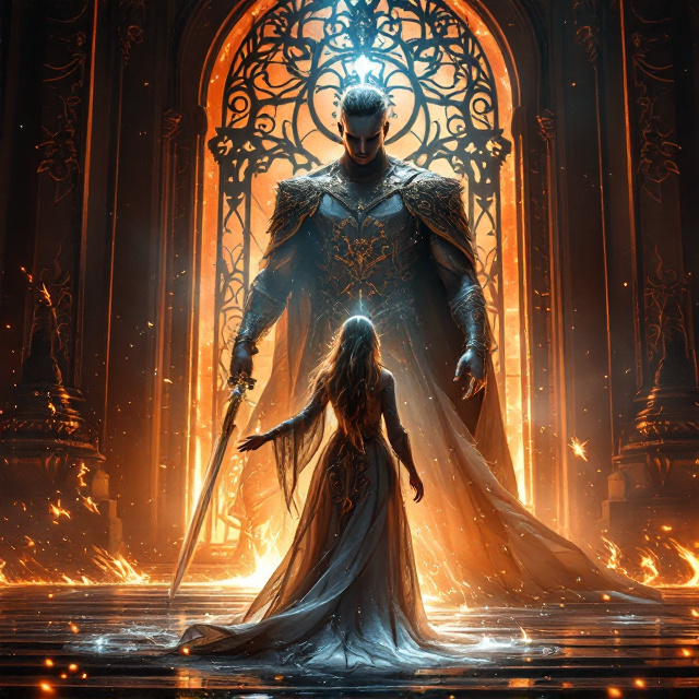 Eloise stands at the center, her silver and gold-accented elegant dress flowing like liquid metal, defying the fiery inferno behind her. A droplet of water, glowing faintly with an ethereal light, hovers above her outstretched hand, casting a cool aura amidst the chaos. In the dimly lit shadows behind her, Gideon looms larger-than-life, turning slightly, a look of self-confidence and arrogance etched into his face. His sword glimmers with fiery embers as though it is forged from starlight and flame. The backdrop features ornate, monumental gates of the Pyrrhus estate, their intricate carvings illuminated by quivering torchlight and the distorted mirage of heatwaves in the air.