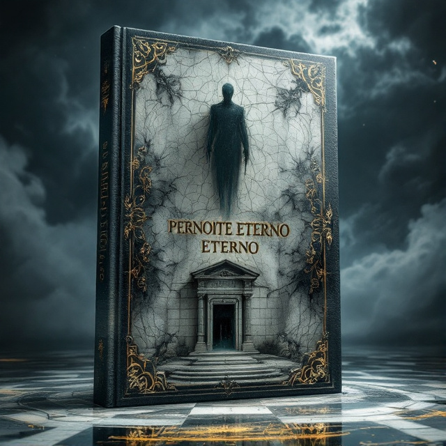 A monolithic hotel dominates the cover, filling almost the entirety of the page. The hotel is colossal, resembling a decayed palace with faded, cracked white and gold adornments. Its surface is unsettlingly smooth, with no doors or windows visible, giving it an inhuman quality. The environment is shrouded in eternal night, the dark sky looming above with faint, unnatural clouds that twist and shift. The foreground features a subtle texture suggesting the pulsing movement of the floor leading to the structure. Ornate embellishments along the edges of the hotel slither faintly, blurring as if alive. Behind the hotel, an eldritch silhouette—a barely visible, otherworldly presence—almost blends into the eternal night, exuding dread.