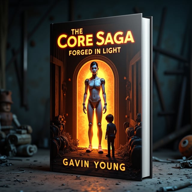 In a dark and decrepit old abandoned shed, a glowing transformation machine sits at the center. Inside the machine, a teenage girl is mid-transformation, her body becoming a sleek white robot with glowing orange lines running like circuits along her body. A faint ethereal light emanates from the machine, casting shadows across the shed's dusty corners. A teenage boy is standing a few feet away, with an expression of fear and heartbreak on his face, illuminated partly by the orange glow. The background contains broken tools and aged machine parts to reinforce the atmosphere of abandonment, with faint streaks of sunlight streaming in through the cracks of the shed’s wooden walls for added contrast.