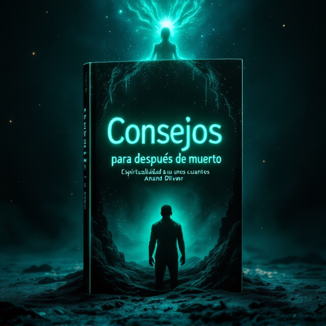 A central, shadowy figure of a man slipping into a dark abyss surrounded by eerie, glowing neon lights in faint green and blue tones. The backdrop is a textured black gradient with subtle spark-like effects. Overhead, a glowing silhouette of a celestial entity is faintly visible, casting a towering, almost comedic but haunting presence. The title "Consejos para después de muerto" is displayed prominently across the middle, with misty effects weaving through the letters.