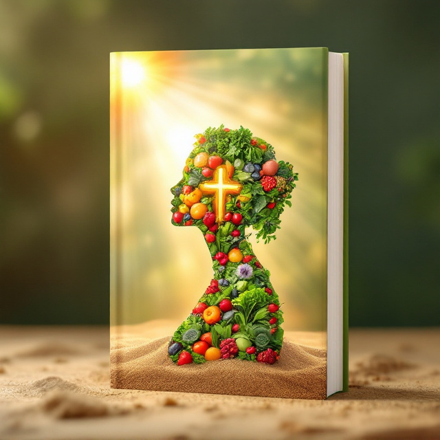 The cover features the silhouette of a woman composed entirely of vibrant, healthy foods such as greens, fruits, and grains. The image is placed centrally on the cover. Radiant sun rays emerge diagonally from the top-right corner of the book, streaming warmly down onto the silhouette, suggesting enlightenment and positive energy. A subtle, golden cross is positioned in the background behind the silhouette, blending harmoniously with the earthy tones. The background palette consists of soft, sandy browns and warm greens to enhance the calming, spiritual vibe.