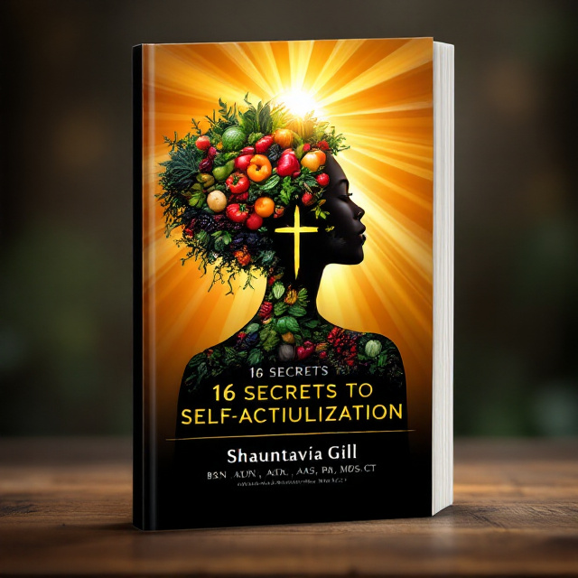 A radiant silhouette of a Black woman composed of an organic arrangement of fruits, vegetables, and leaves, blending seamlessly into sunrays that fan out behind her. The silhouette is positioned in the center with a subtle yet prominent gold cross embedded within her figure, symbolizing spiritual growth. The background features warm, earthy tones such as deep oranges and greens, with a glowing sun on the top part of the cover gently casting light downward in a calming gradient.