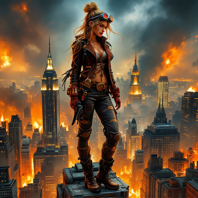 A highly detailed and atmospheric illustration dominates the cover. The focal point is a girl with her long blonde hair, styled in a messy bun, standing confidently on the edge of the Empire State Building. She wears welding goggles perched on her head, a steampunk-inspired outfit complete with brass details and a dark leather jacket, and sturdy combat boots. A sleek pistol is holstered at her side. Behind her, the background is a raging inferno consuming New York City, with flames emerging from burning skyscrapers and smoke billowing into the sky. The palette is a mix of fiery oranges and moody blues, creating a dramatic contrast.