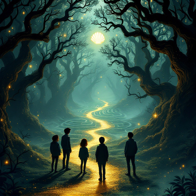 A mysterious and enchanting forest-like labyrinth spreads across the background, with overarching, twisted tree branches creating a canopy. A golden path, reminiscent of the design from the "juego de la oca" board (game of the goose), winds through the labyrinth and leads towards a faintly glowing scallop shell, symbolizing the Camino de Santiago. In the foreground, three silhouettes of teenagers, their posture indicating a mix of curiosity and anticipation, stand at the edge of the labyrinth. The labyrinth glimmers faintly with magical specks of light, giving an ethereal, mysterious vibe. Shadows and mist swirl faintly, adding depth and the feeling of a mystical escape.