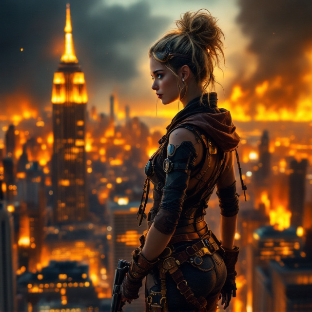 A dramatic scene with a girl standing atop the edge of the Empire State Building against a backdrop of a fiery, apocalyptic New York City skyline. The girl has long blonde hair tied back in a messy bun, her welding goggles resting on her forehead, and she is clad in a steampunk-inspired outfit with leather accents and brass details. She holds a sleek pistol in one hand, tucked at her side. The color palette features vibrant oranges, yellows, and deep shadows of charred black to emphasize the burning city. Her stance is firm, confident, and heroic as flames and smoke rise from the city below, blending into a twilight sky with stars faintly visible. A subtle glimmer of hope is reflected in her large, expressive blue eyes.
