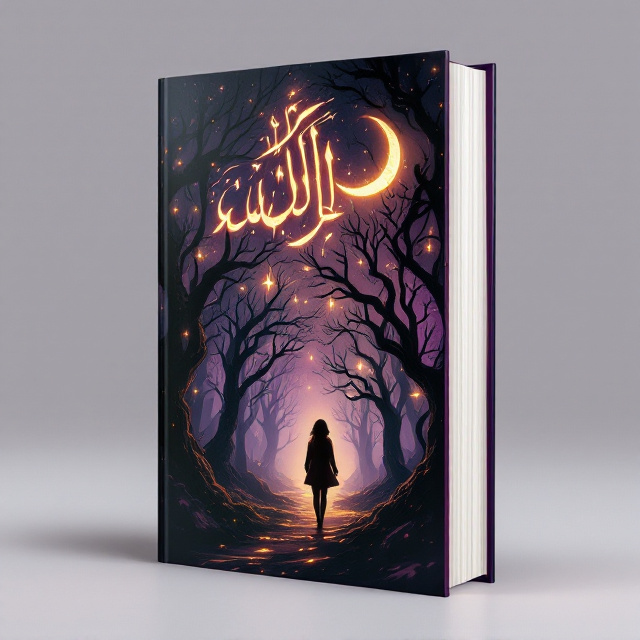 A shadowy figure of a young girl walking into a glowing enchanted forest under a crescent moon. The trees have twisting, otherworldly branches that transform into wisps of smoke at their edges. Floating, mystical Arabic calligraphy glows faintly, drifting through the forest like spectral whispers. The palette features deep purples, velvety blacks, and glints of golden light.