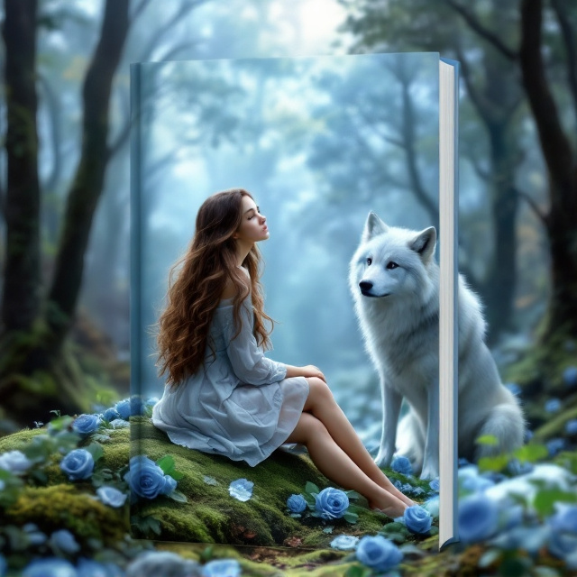 The cover features a serene forest backdrop bathed in soft, ethereal light hues of blue. A young woman with flowing brown hair sits gracefully on a moss-covered rock in the foreground, her expression filled with longing as she gazes into the distance. Beside her stands a majestic wolf, its shimmering fur tinged with a hint of light blue. Blue roses are scattered around, some lying near the wolf's paws and others growing subtly in the background, blending into the scene.