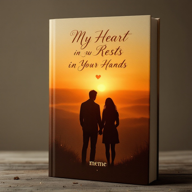 A silhouetted couple stands together, their bodies slightly angled toward each other, creating an intimate connection. They gaze out at a soft, dreamy horizon drenched in a deep sunset orange gradient blending into dark brown. A faint golden glow highlights the horizon, adding a touch of warmth and hope. The background is layered with vintage paper texture, giving a subtle worn and nostalgic look. A delicate, elegant heart symbol is faintly embossed in the bottom corner.