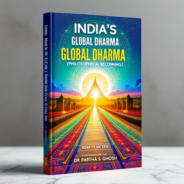 The cover highlights a vibrant and colorful pathway stretching into the horizon, symbolizing a "Road to Success." The path weaves through a backdrop of spiritual and philosophical elements—ancient Hindu scriptures, the silhouette of a temple dome, and abstract motifs representing balance, wisdom, and universal harmony. A gradient blue sky forms the primary background, with hues blending into bursts of gold and orange, evoking spirituality and enlightenment.