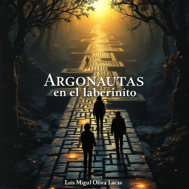 A mystical, labyrinthine pathway stretches across the cover, evoking the intricate routes of the Camino de Santiago, with stone pathways glowing faintly, hinting at magical elements. Alongside the path, shadowy silhouettes of teenagers can be seen, their postures conveying both fear and determination. The background transitions from deep, ominous twilight at the bottom to a golden, hopeful sunrise at the top, adding an emotional dynamic to the scene. A faint overlay of the Juego de la Oca board fades in and out of visibility within the labyrinth design, subtly suggesting the interplay of choices and fate.
