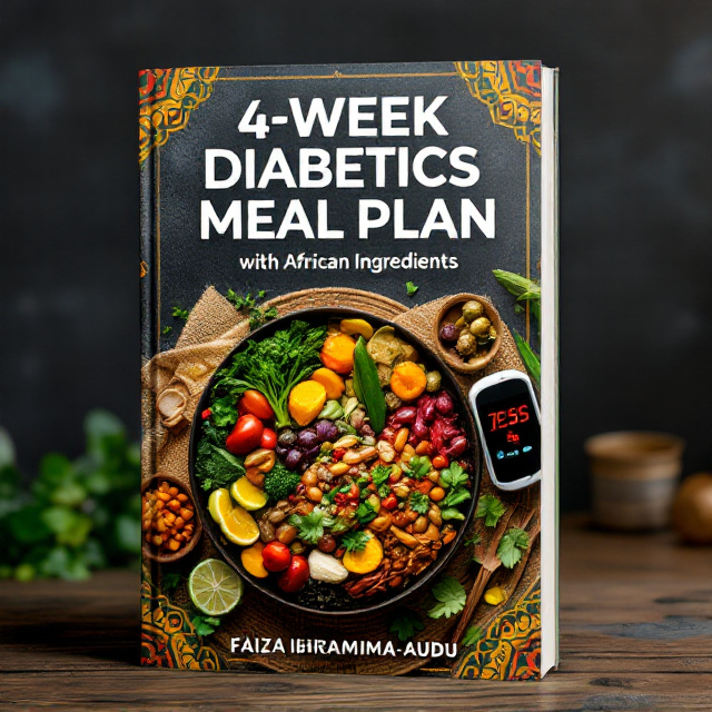 A vibrant cover featuring a stylized spread of African dishes and common ingredients (e.g., okra, plantains, beans, and greens) laid out on a rustic, woven mat or earthenware backdrop. To the right, a digital blood glucose monitor with a clear display showing a reduced sugar level. A faint overlay of traditional African patterns frames the composition, blending modernity with cultural authenticity.
