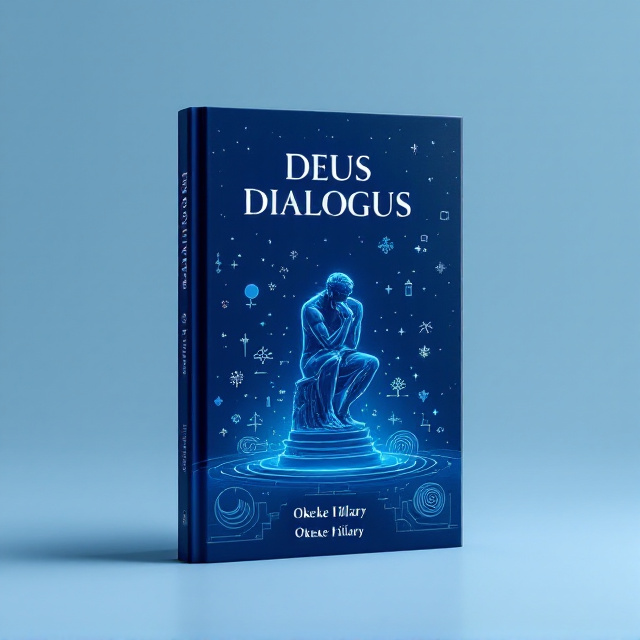 A minimalist blue background with subtle gradient transitions from deep navy to softer sky blue shades. Centered on the cover is a silhouette of a classical thinker in the pose of Rodin's "The Thinker," drawn in fine, white contour lines. Surrounding the thinker are faint, glowing geometric shapes and philosophical symbols—like a spiral, a tree of life, and abstract waves—that subtly radiate curiosity and intellectual depth.