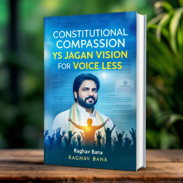 The cover features a prominent photograph of YS Jaganmohan Reddy positioned slightly to the left side of the cover. Behind him, a symbolic overlay of the Indian Constitution in a semi-transparent style fills the background. At the bottom of the cover, a visual representation of a group of underprivileged individuals with hands raised, symbolizing hope and upliftment. Blue and green dominate the color scheme, giving a sense of harmony and growth.