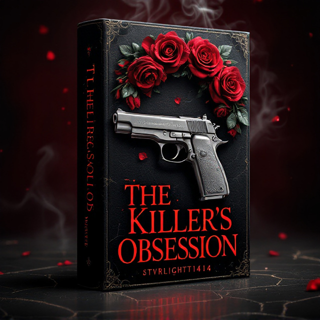 A dark, moody background that fades from rich, velvety black to deep crimson. In the middle of the cover sits a metallic silver handgun, elegantly positioned and slightly tilted. Around the gun, delicate and vibrant red roses form a circular wreath, their petals glistening with tiny dewdrops. Subtle, wispy smoke curls around the gun and roses, adding an air of mystery. The edges of the cover carry subtle textures of cracked leather.