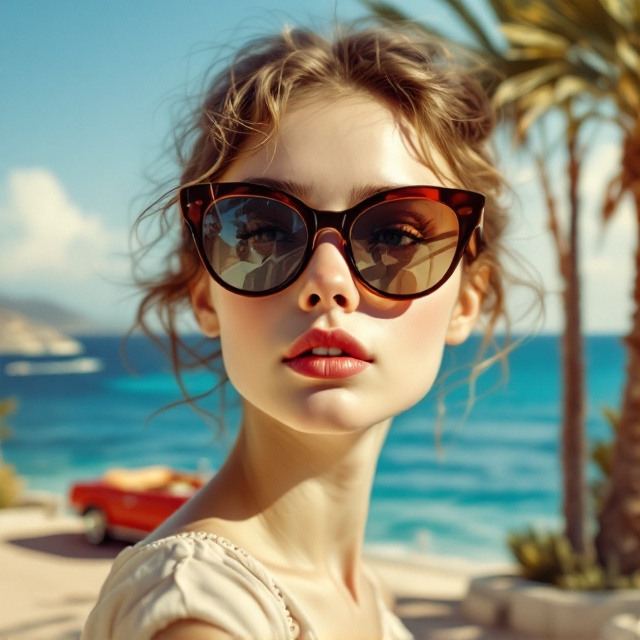 A young girl is depicted in close-up, centered on the cover. Her face is partially lit by sunlight, evoking a dreamy summer atmosphere. She wears classic 1950s cat-eye sunglasses, and in the reflection of the lenses, we see a faint, painterly image of a man embracing a younger woman, with a distressed older woman visible in the background. The backdrop is a vibrant French Riviera scene with an expanse of sea in gradient blues, an elegant umbrella pine tree on the right, and a vintage red convertible parked on the left. The scene feels nostalgic yet provocative.