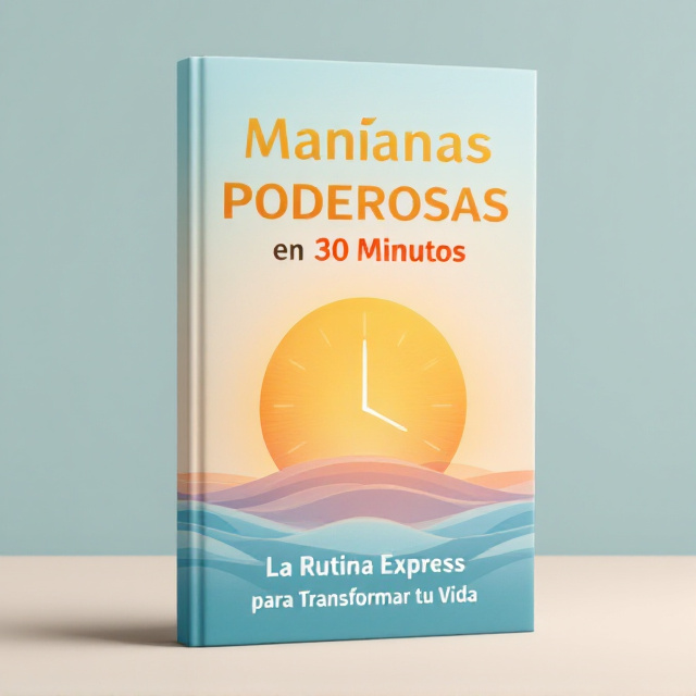A glowing sunrise breaking over the horizon, symbolizing new beginnings and transformation, occupies the upper two-thirds of the cover. Below the sunrise, a modern minimalist clock subtly indicates 30 minutes. The background uses soft gradients of golden yellow transitioning into light blue for a refreshing and uplifting atmosphere. Subtle swirling patterns add dynamic movement, evoking energy and power.