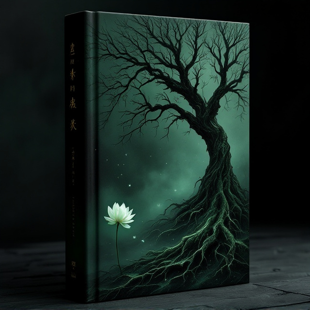 A haunting mix of darkness and vibrancy dominates the cover. A black and green gradient is used for the background, with subtle shadows to create an eerie depth. On the bottom left corner of the cover, a delicate white lotus floats, its petals tinged with a faint glow. On the top right, an aged oak tree with sprawling roots emerges, its gnarled branches extending into the shadows. The two elements are separated by a vast space of foreboding darkness, emphasizing a sense of distance and disconnection. A faint mist surrounds both elements, giving off a dreamlike yet ominous quality.