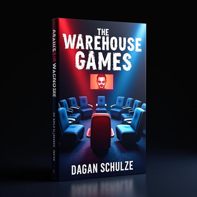 A circular arrangement of chairs dominates the cover. The chairs are slightly tilted to convey movement and chaos, with a bloodied hand hanging limply off one of the chairs. The teenagers sitting in the chairs have ghostly pale faces, illuminated by the stark flashing red and blue lights that radiate from the center. The steel walls of the room are dimly visible, creating a claustrophobic atmosphere, and the flat screen TV on the far wall displays the masked man's eerie face, his eyes hollow and menacing. The blue chairs seem battered and scratched, while the singular red chair is spotless and polished, creating a harrowing contrast. The title of the book is placed strategically above the circle of chairs, in bold, broken, distressed font, partially glowing red.