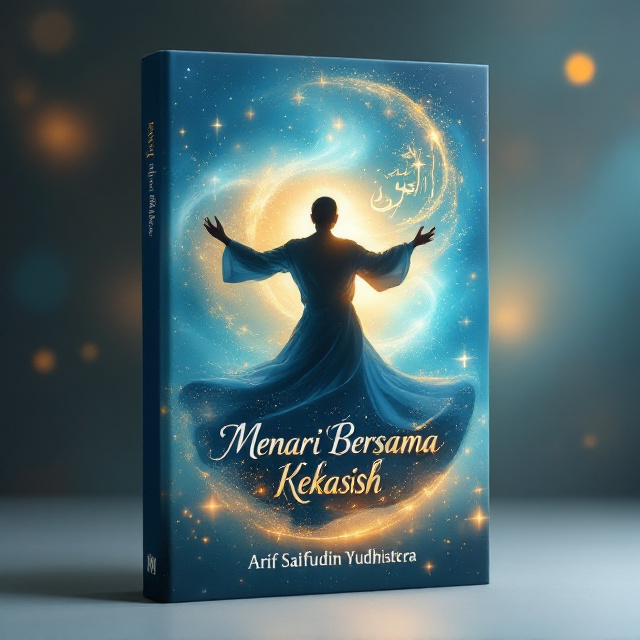 A silhouette of a whirling dervish appears at the center, its flowing robes caught in a soft, mystical whirl. Surrounding the figure is a celestial glow with soft golden and blue hues blending seamlessly, creating a divine and serene atmosphere. Abstract Arabic calligraphy subtly weaves through the background, adding depth and spirituality, while hints of soft motion blur suggest transcendence and flow. The ethereal background is adorned with faint starry patterns, symbolizing enlightenment and universal connection.