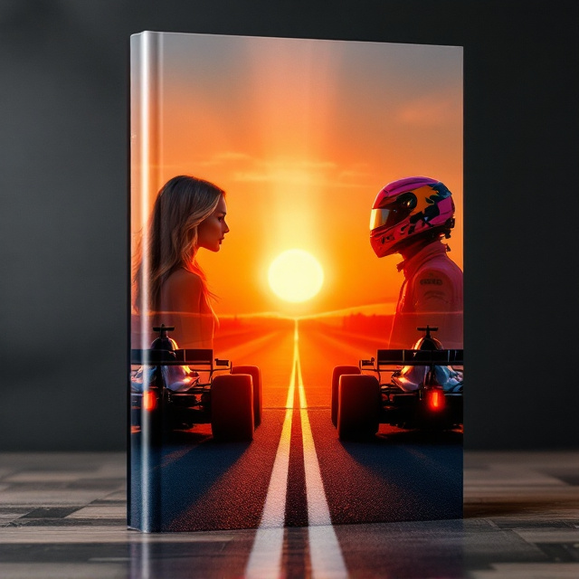 The book cover features a split-screen view with a dynamic and cinematic scene. The lower half displays the backs of two Formula 1 cars, a pink Porsche on the left side of the page and a navy-blue Red Bull car on the right, both lined up at the starting line of the Melbourne circuit. The background showcases a vivid, golden orange sunset with dramatic beams of light casting long shadows on the track, evoking a melancholic yet beautiful mood. The upper half of the cover subtly blends the transparent figures of Max Verstappen on the right, wearing his signature racing suit and helmet, and on the left, a blonde young woman with piercing blue eyes gazing into the horizon.
