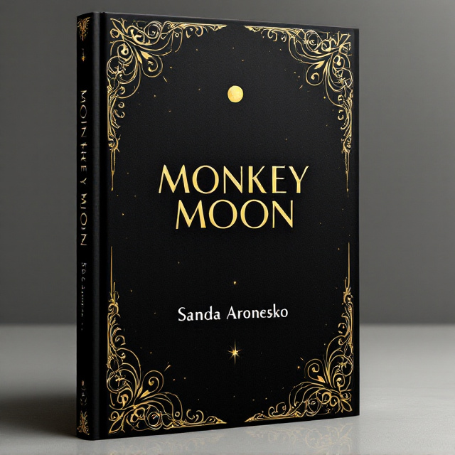 A sleek black background dominates the cover, evoking a sense of mystery and depth. Intricate golden arabesques stretch across the edges of the cover, gracefully framing the title in the center. The arabesque patterns swirl like celestial elements, subtly resembling lunar craters and stars. The title "Monkey Moon" is positioned boldly at the top center, while the author’s name, "Sanda Aronesko," is elegantly displayed at the bottom in smaller typography. The overall design conveys an air of introspection and elegance.