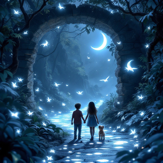 The cover showcases two siblings (a boy and a girl) and a scruffy dog standing in the lower foreground on a glowing bioluminescent path. The trail winds toward the background, disappearing into a lush, dense jungle illuminated by the silvery light of the crescent moon above. Silver-feathered moonbirds are mid-flight, weaving around translucent leaves glowing faintly. Near the center back of the composition, an ancient, crumbling stone arch obstructs the moonlight, casting glowing shadows on the surroundings. In the girl’s hand, the crescent moon pendant emits a prismatic light that reflects off stones, birds, and foliage. The overall color palette emphasizes moonlit blues and silvers, blending into hints of greens and purples.