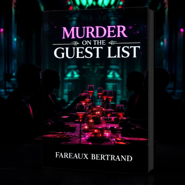 A dark, lavish dining table dominates the cover, spanning horizontally. Around it, silhouettes of men and women—cloaked in shadows—sit frozen mid-conversation. Their figures are pitch black, with shimmering metallic highlights suggesting elegance. Each guest holds a wineglass filled with deep, blood-red wine, standing out vividly against the darker tones. The room's light has an eerie green and purple glow, washing over the wine-streaked tableware. The background fades into obscurity, with shadowy architectural elements suggesting a grand but oppressive dining hall.