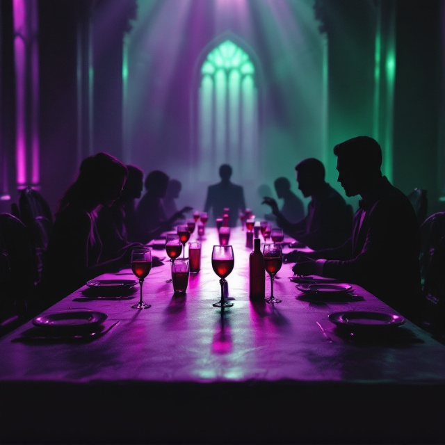 A long, polished dining table stretches horizontally across the book cover. The table is richly detailed with deep purple and black tones, its surface gleaming slightly under dim, eerie lighting. Shadowy, faceless silhouettes of men and women sit around the table in elegant postures, the metallic shimmer of jewelry and accents on their attire glinting faintly. Each silhouette grips a wineglass filled with vivid, blood-red liquid, strikingly bright against the muted tones. Light streams into the room in unsettling green and purple tones, casting sharp, angular shadows across the table. The background fades to an ominous blur of arched windows and towering walls, evoking a grand yet haunting dining hall.