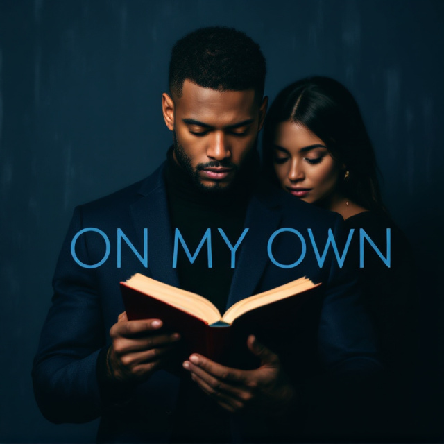 A man with his facial features blurred is seen in the foreground, holding an open book. His body language exudes quiet defiance and swagger, with his posture slightly leaning forward. Beside him, a woman stands slightly in the shadows, her face partially visible and filled with curiosity, looking over his shoulder at the book he's holding. All of this is set against a dark navy blue background with subtle abstract streaks of darker and lighter navy tones, creating an atmospheric mood. The blurred face creates an aura of mystery and individuality. The title takes center stage, bold and unapologetic, layered over the image.