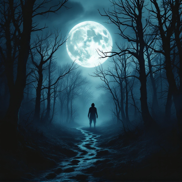 The cover features a chilling, mist-filled forest at night. Silhouettes of gnarled, leafless trees fade into the dense mist. At the foreground, faint wolf tracks lead ominously into the darkness, inviting a sense of dread and curiosity. A pale, glowing full moon with cracks in its surface sits high in the background sky, partially obscured by eerie, swirling clouds. The faint outline of a shadowy figure, barely discernible, is nestled in the trees, adding mystery and unease. The edges of the cover have a soft vignette effect, drawing the eye toward the center, where the title is prominently displayed.