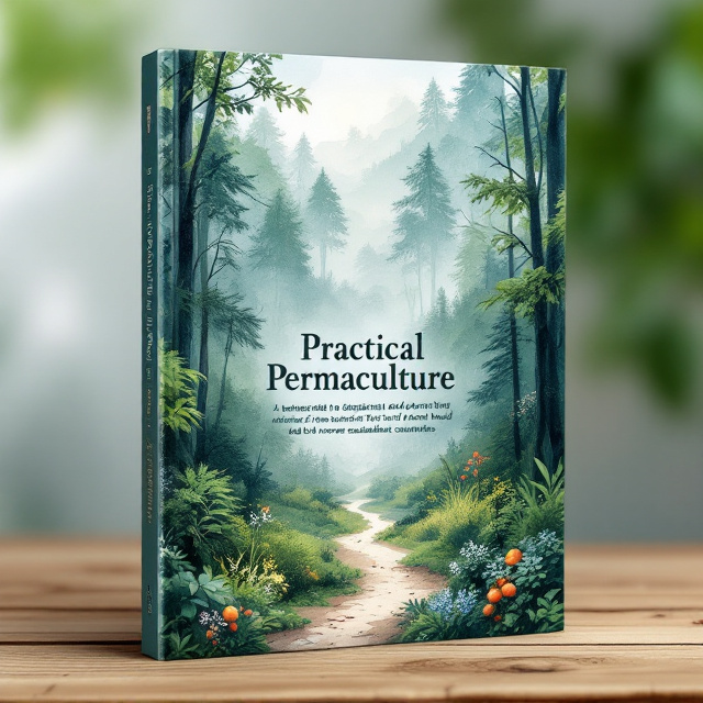 A lush watercolor scene of a tranquil forest dominates the cover, with layers of trees in various shades of dark teal and green blending seamlessly. A subtle path meanders through the forest, leading the reader's eyes deeper into the composition. Delicate accents of wildflowers and dappled sunlight add texture. At the bottom, a watercolor-style hand-rendered food forest garden features small fruit trees and bushes, blending naturally into the overall serene setting.