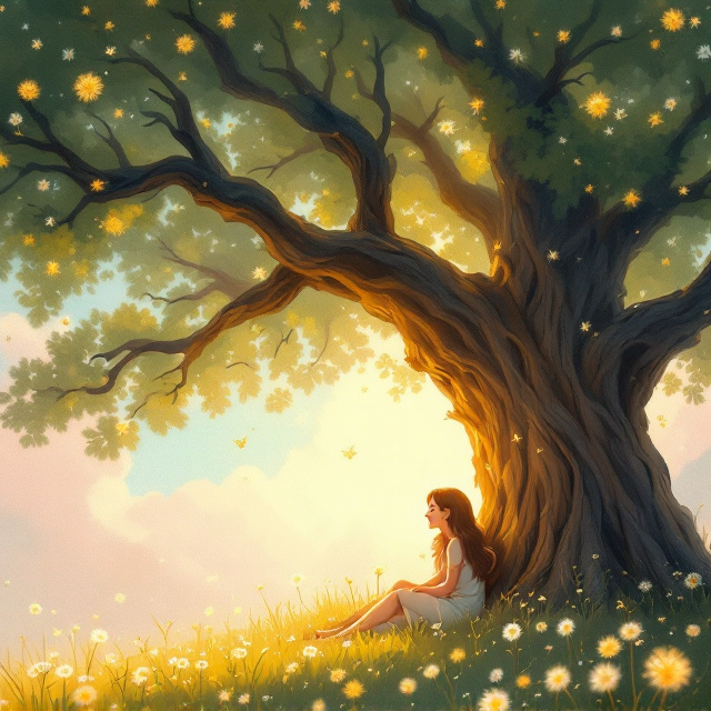 A whimsical illustration of Sue sitting under a sprawling, ancient oak tree. Her tail is visible, highlighted with soft, glowing golden light. She is laughing, her expression radiating joy, while her tail gently wags. May sits beside her, leaning in with a look of wonder, her hand softly touching Sue’s tail. The background is a dreamy, pastel sky with hues of blue, pink, and gold. Around them, dandelion fluff floats lightly through the air, adding a magical sense of movement.