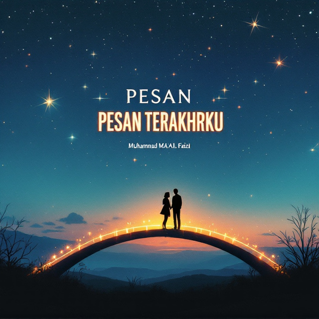 A serene dusk-blue sky transitions into a tender, star-filled evening scene covering the majority of the backdrop. The central focus resides on two silhouettes of a couple standing on opposite ends of a subtle, glowing bridge formed by vibrant streaks of shooting stars. Above them, fragmented letters of a love note subtly blend into the sky. The surrounding evokes a romantic melancholy interwoven with hope.