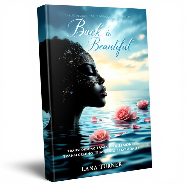 A silhouette of a Black woman wearing an elegant masquerade mask dominates the right side of the cover, appearing partially submerged in water. Her expression reflects deep emotion, with tears blending seamlessly into the rippling water below. To the left, a stormy sky painted in various shades of blue transitions into a more tranquil horizon. Three blooming roses, symbolizing healing, float delicately on the water’s surface, with petals scattered as if drifting away. Light streams down through a break in the clouds, casting a gentle glow around her.