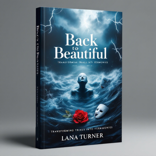A figure of a faceless woman drowning in an ocean of stormy, churning water. The waves are tinted in various hues of blue with streaks of silver lightning piercing the darkened sky. A single red rose floats on the water’s surface, its vibrant petals contrasting the dark surroundings. A fragmented porcelain mask hovers just above the water, pieces drifting away, symbolizing the breaking of secrecy and repression. In the background, faint and ethereal light emerges toward the upper section of the cover—representing hope and faith—shining through the dissipating storm clouds.