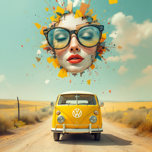 A dreamy, sun-drenched vintage aesthetic featuring a yellow Volkswagen parked on the edge of a dusty rural road. Above the car, a pair of vintage cat-eye sunglasses is floating, slightly tilted, with their lenses reflecting fragments of Picasso’s imploded face painting. The painting serves as a surreal representation of shifting perspectives and fractured memories. The background transitions from a bright summer sky to abstract brush strokes, lightly echoing themes of change and chaos.