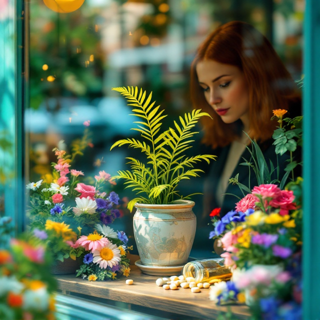 The cover creates a whimsical “looking through a flower shop window” effect. The window display features a variety of colorful flowers such as daisies, violets, and peonies amidst lush greenery. A single frond plant is prominently displayed in a large ceramic pot near the center. Bright but slightly eerie lighting highlights a knocked-over bottle of pills on the display table, creating a sense of mystery. The reflection of the flower shop window shows a redheaded woman with a neck-length bob, gazing subtly in from the outside. Smudges on the windowpane add a gritty yet charmingly cozy atmosphere with a slight thriller undertone. The background includes blurred greenery and street elements to imply an exterior urban environment. The color palette leans heavily on pastel pinks, vivid blues, sunny yellows, and calming greens.
