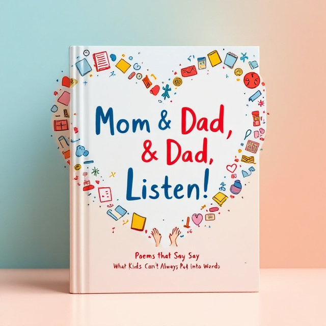 A heart-shaped outline formed by a collection of colorful hand-drawn doodles, such as sketches of crumpled papers, open diary pages, and small childlike scribbles. These symbolize a child’s hidden thoughts or emotions. The backdrop is a soft pastel gradient transitioning from pale blue to warm peach, evoking warmth and comfort. In the center of the heart, the title "Dear Mom & Dad, Listen!" is prominently displayed. Below the title, a minimalistic ink sketch of two hands—one small and childlike, the other large and parental—reaching for each other.
