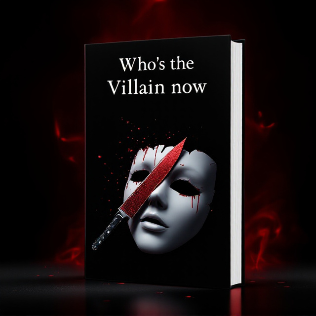 A sleek, dark background with a gradient of deep black fading into crimson red. A broken white porcelain mask lies at the center, with jagged edges highlighted. A knife covered in shimmering, symbolic blood drips cuts through the mask diagonally while subtle glowing smoke swirls around the objects, adding an air of mystery and raw emotion.