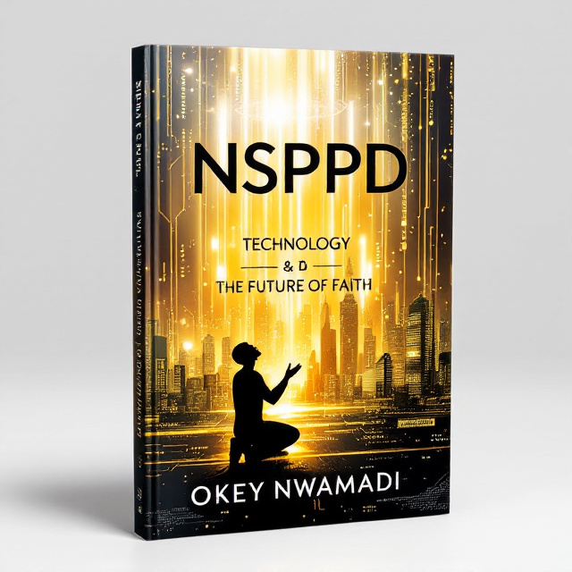 The cover features a futuristic city skyline with shimmering spires and beams of light shooting into the heavens. In the foreground, a silhouette of a kneeling figure in worship, hands lifted toward the light, surrounded by glimmers of circuits and binary codes. The background transitions from glowing geometric patterns to angelic beams of golden light fading into a starry cosmos.