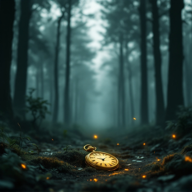 A shadowy, mist-covered forest serves as the background, with tall, ominous trees fading into the distance. In the foreground, a single pocket watch lies partially buried in the ground—golden yet tarnished—as if it has been there for years. Small, barely noticeable symbols (like a faint handprint, or a pair of footprints) are embedded subtly within the mist and shadows, requiring a closer look to notice. The colors are moody—dark greens, grays, and hints of metallic gold—emphasizing suspense and secrecy.