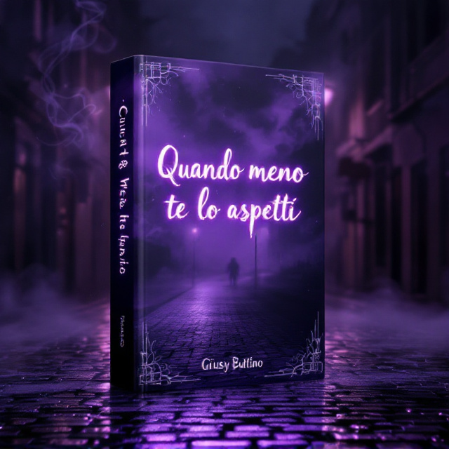 A shadowy cityscape at twilight features prominently on the cover, with dim streetlights casting long, eerie reflections on a wet cobblestone path. Hidden within the shadows, faintly visible, are fragmented outlines of mysterious symbols or an indistinct silhouette. The purple hue dominates the color palette, ranging from deep violet tones at the edges to softer lavender highlights, creating a layered atmosphere of intrigue. Wisps of smoky mist curl around the scene, adding depth and an air of unpredictability.