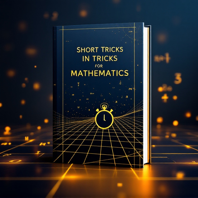 A sleek, modern design featuring a golden geometric grid overlay on a dark navy blue background. The grid lines converge towards the center to create a sense of focus. A glowing mathematical formula subtly fades in the background, with a few numbers and symbols (π, √, ∑) floating around to evoke a mathematical atmosphere. At the top, the book title "Short Tricks in Mathematics for IIT JEE" is displayed prominently. To evoke exam readiness, a stopwatch silhouette is subtly etched in the background texture.
