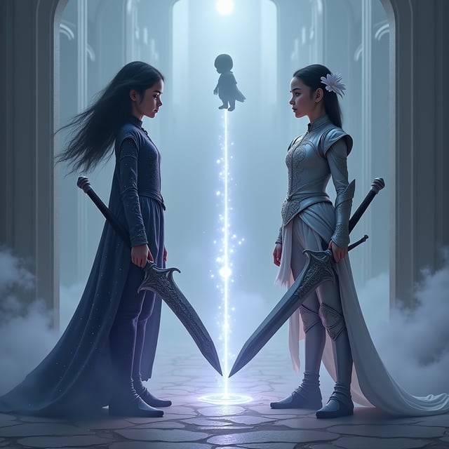 A misty, ethereal scene dominated by a grand, white, palace-like structure in the background with towering walls and countless arched windows glowing faintly. The foreground is split in half, divided by a thin, cracked, glowing barrier that pulsates with an otherworldly aura. On the left side stands a girl with flowing black hair and piercing purple eyes, dressed in a starlight-patterned dress that shimmers gently, holding a sharp, intimidating scythe that catches the faint light. On the right side stands another girl clad in silver armor with intricate floral engravings; a delicate flower rests on her head, and she holds a massive greatsword with hints of glowing runic patterns. Above them, distant and almost ghostly among swirling fog, a small child-like entity bows gracefully, outlined in soft light.