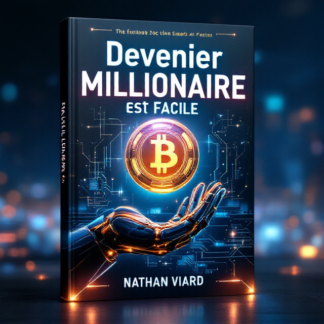 A futuristic skyline in the background with glowing neon-blue and black tones that mix seamlessly. A robotic hand with golden accents holds a glowing coin with a futuristic “AI-inspired” design. The title hovers boldly in the foreground, with glowing lines connecting to geometric elements, evoking AI systems. The overall look integrates holographic data streams and a sense of technological sophistication.